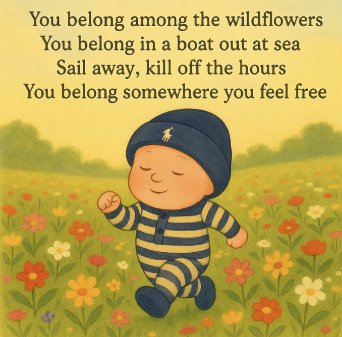 A cartoon baby in a striped outfit and knit cap walking through a field of flowers, with song lyrics above.