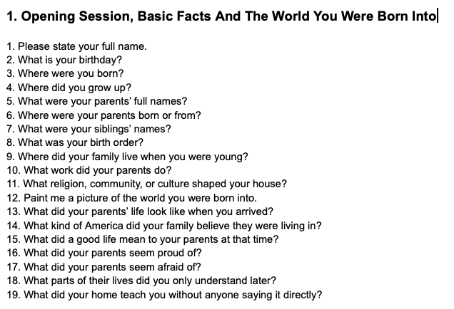 The opening section of a family interview guide, with nineteen questions about childhood, family, and the world the interviewee was born into.