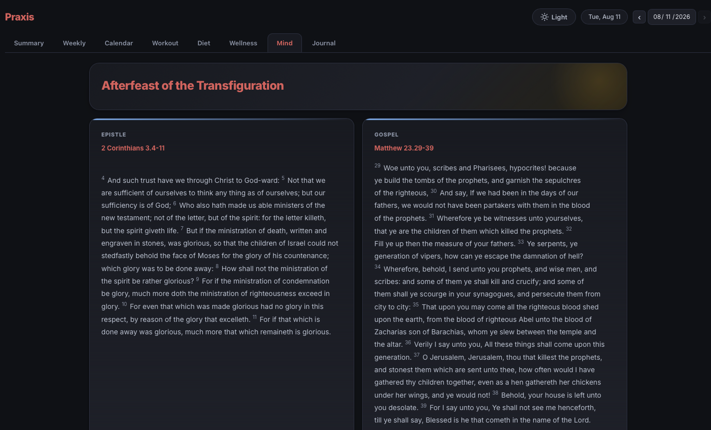 The Mind tab in Chris’s Praxis app, displaying Orthodox scripture readings for the day.